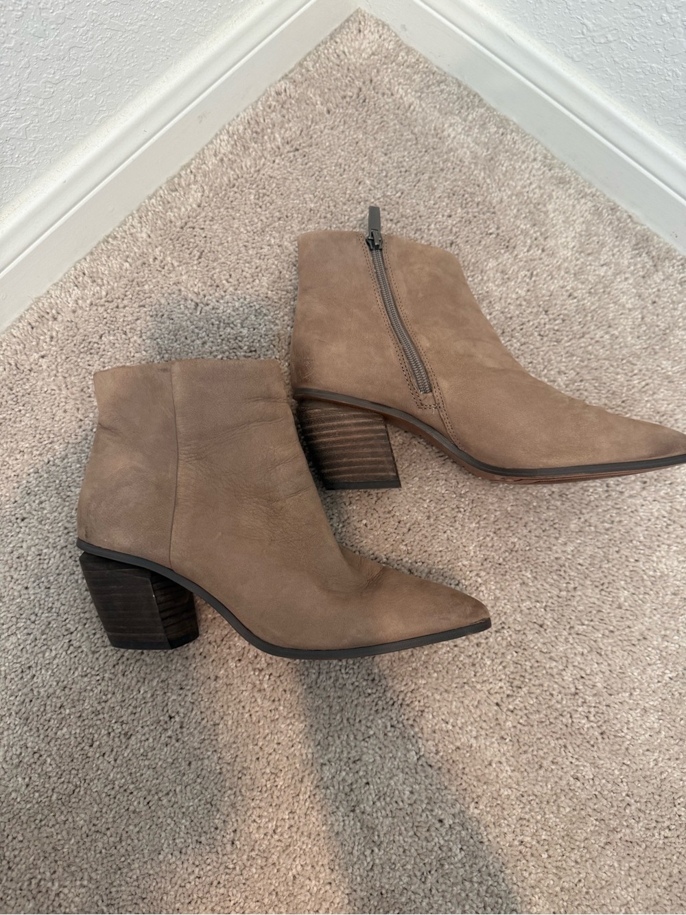 Vince Camuto Taupe Suede Ankle Booties with Stacked Heel